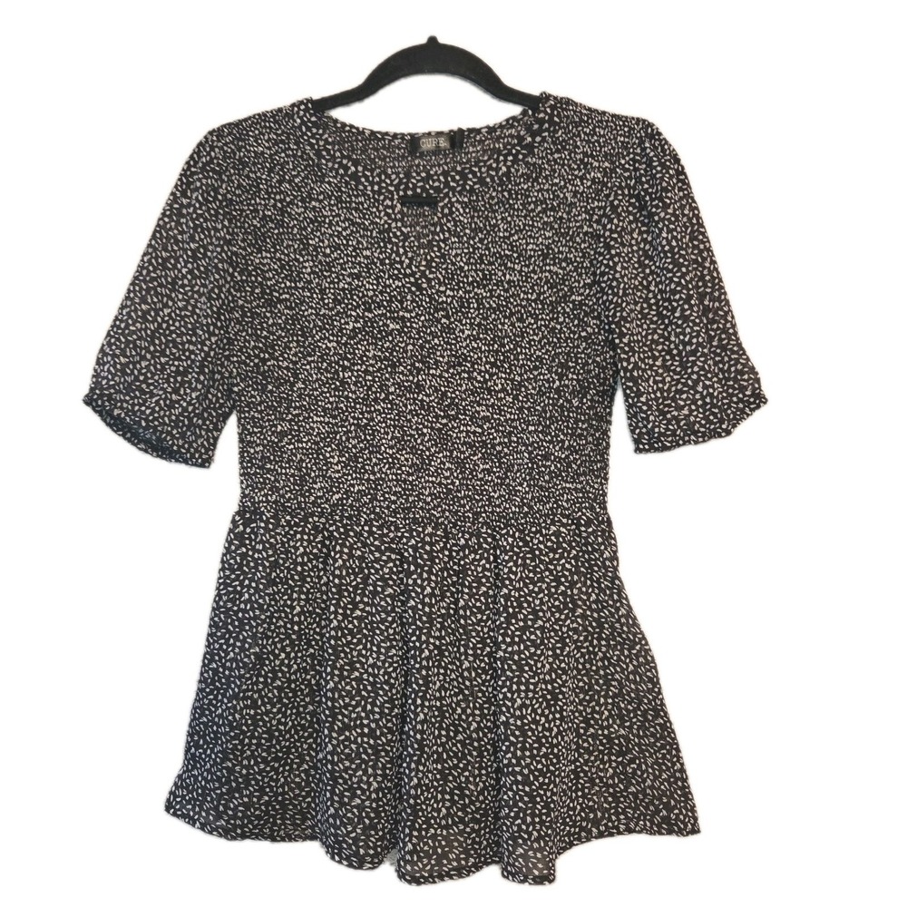 CURE Peplum Blouse Women's Large Black White Print Short Sleeves Metallic Accent
